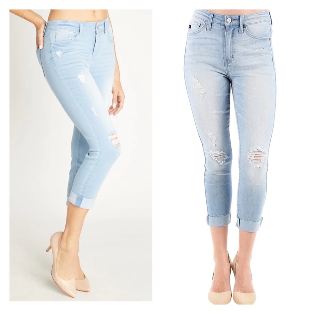 KanCan Distressed Light Wash Raw Hem Crop Jeans Size 15 / 31
